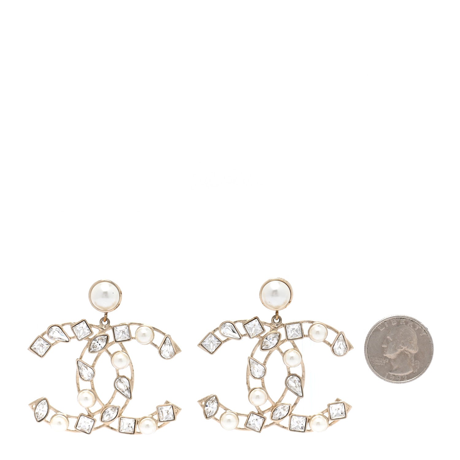 Chanel Metal Glass Pearl CC Crystal Snowfall CC Drop Earrings Light Gold 2 of 5