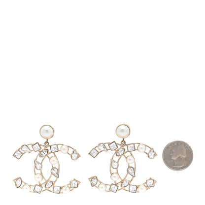 Chanel Metal Glass Pearl CC Crystal Snowfall CC Drop Earrings Light Gold 2 of 5