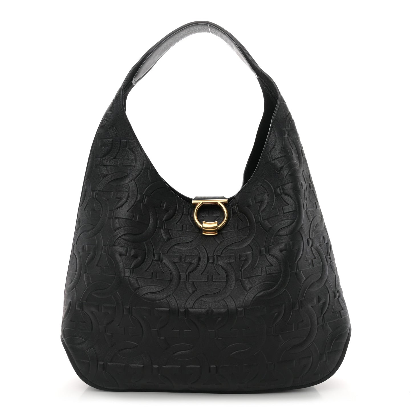 SALVATORE FERRAGAMO Calfskin Embossed Gancini Margot Hobo Black