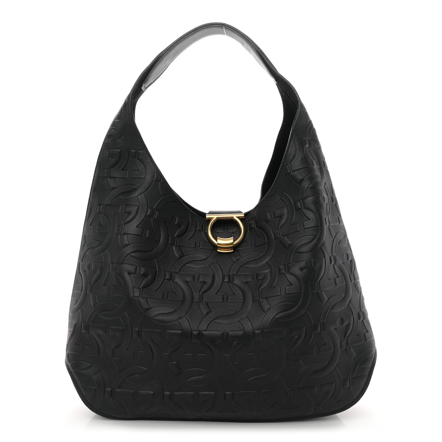 Salvatore Ferragamo SALVATORE FERRAGAMO Calfskin Embossed Gancini Margot Hobo Black 1 of 10