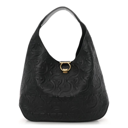 Salvatore Ferragamo SALVATORE FERRAGAMO Calfskin Embossed Gancini Margot Hobo Black 1 of 10