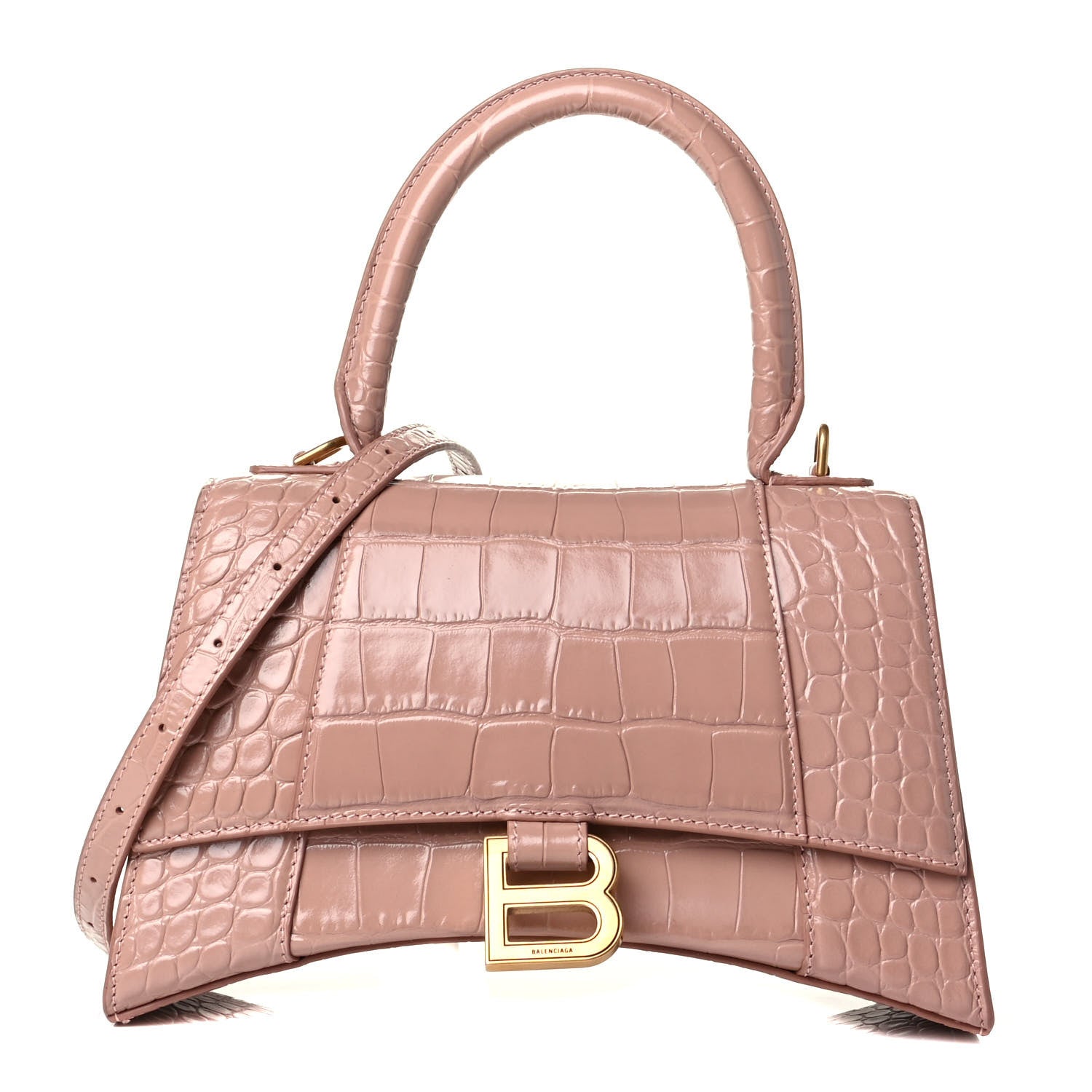 Balenciaga Calfskin Crocodile Embossed Small Hourglass Top Handle Bag Bois De Rose 1 of 6
