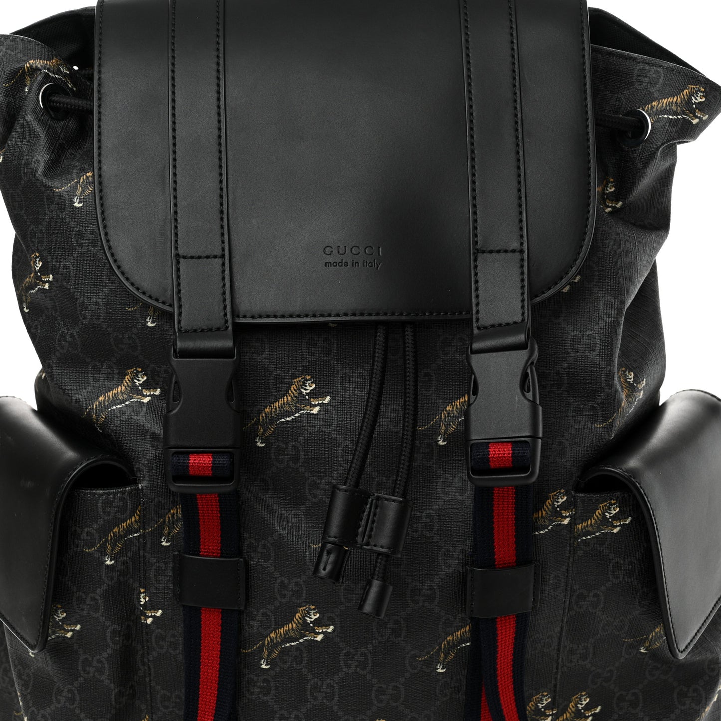 Soft GG Supreme Monogram Appia Calfskin Web Double Buckle Backpack Black