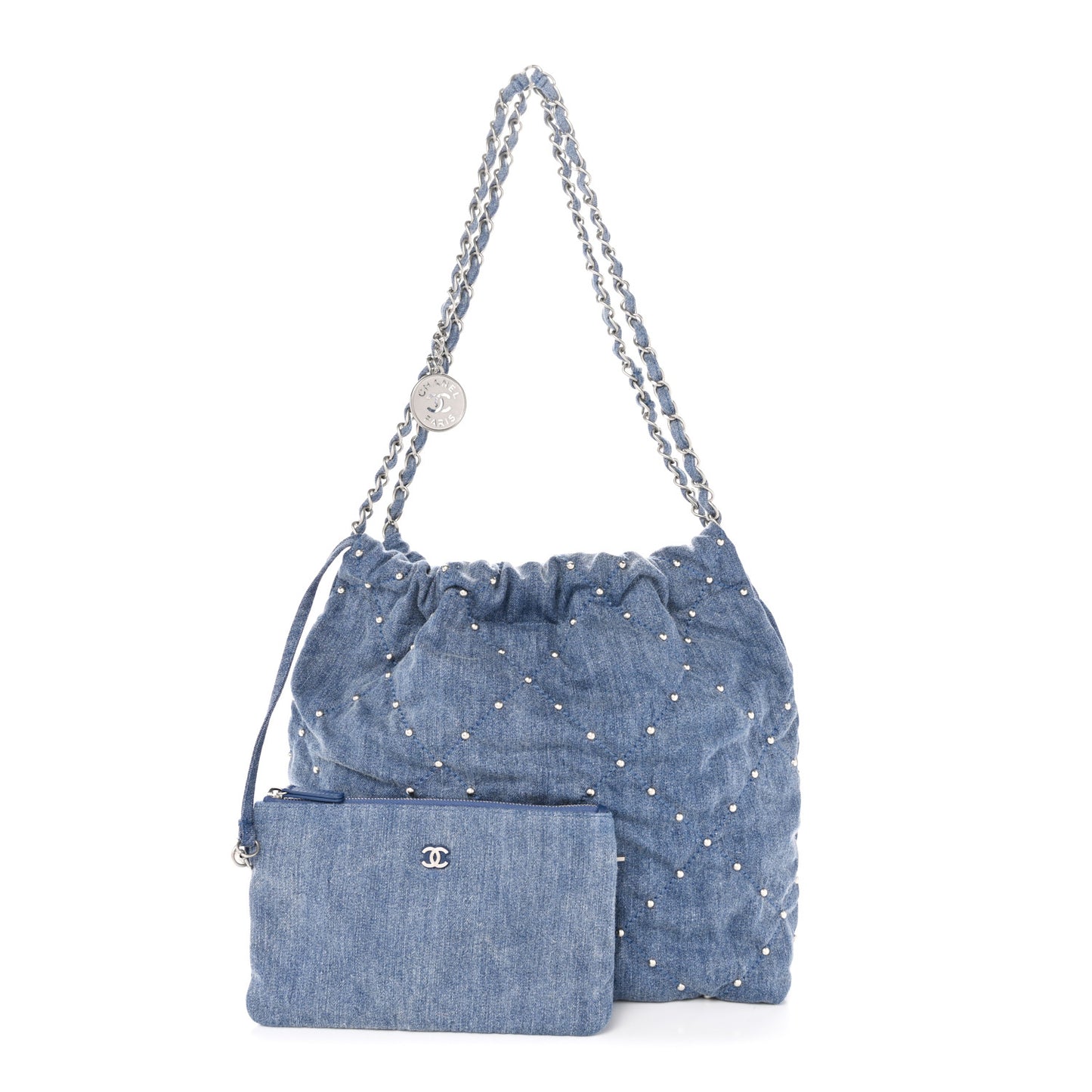 Washed Denim Quilted Studded Small Chanel 22 Blue