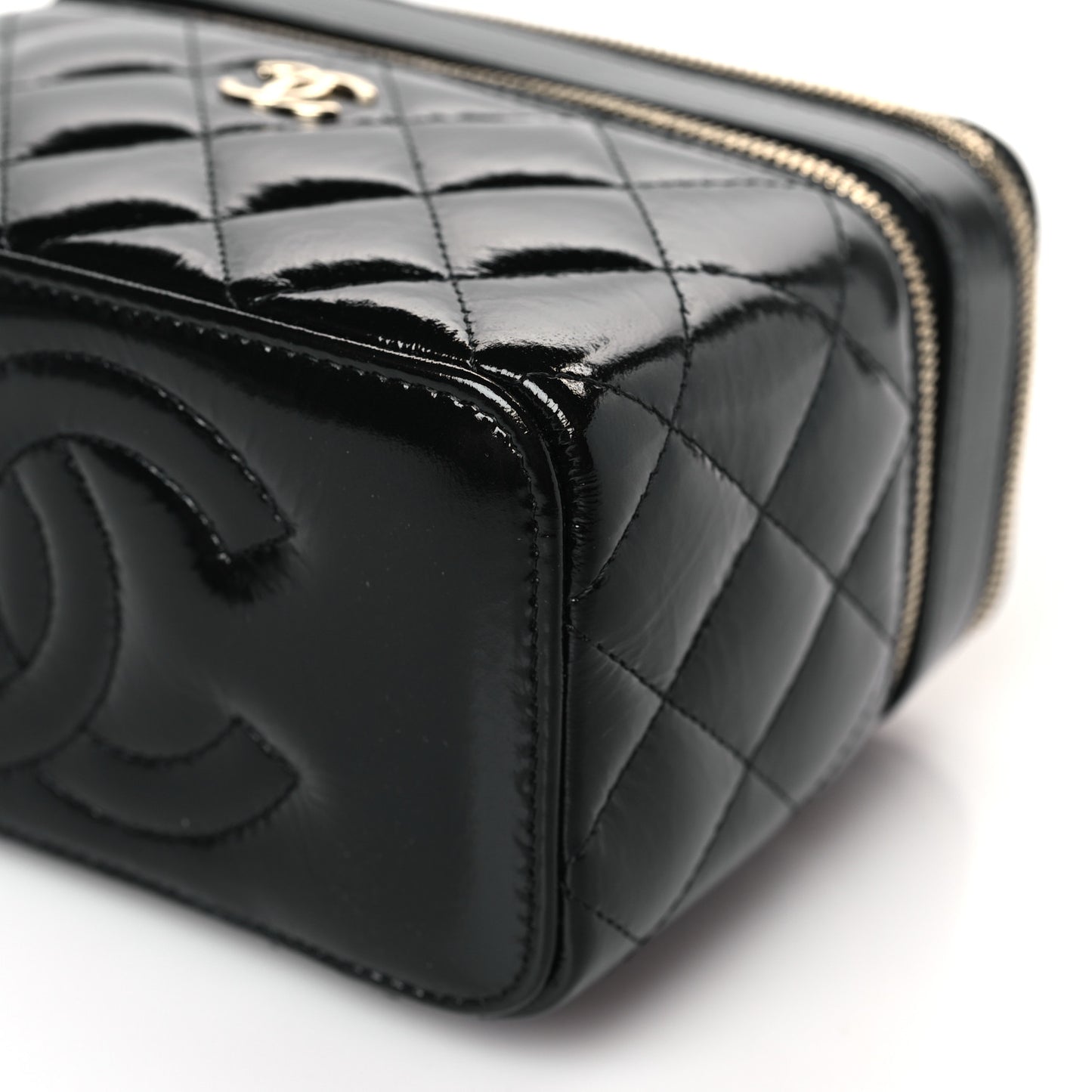 Shiny Lambskin Quilted Top Handle Vanity Case With Chain Black