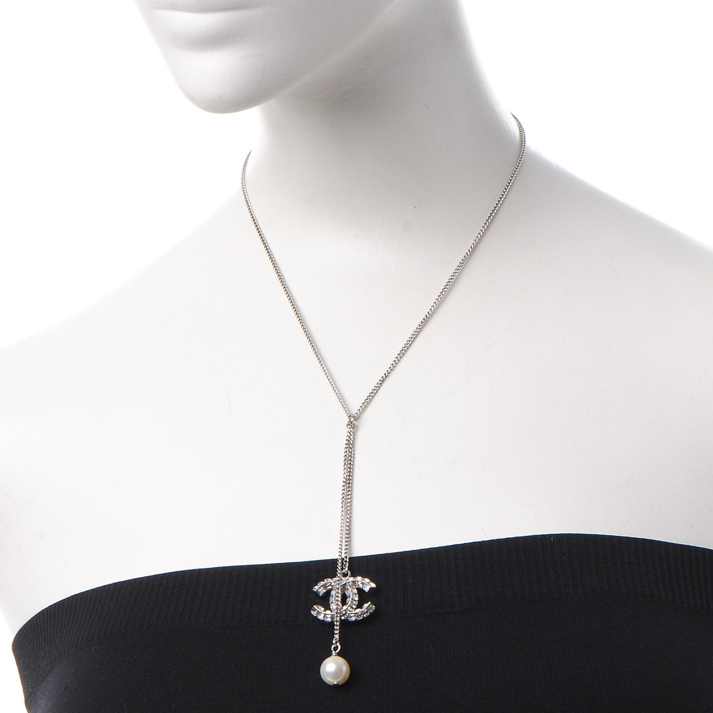 Baguette Crystal Pearl CC Lariat Necklace Silver