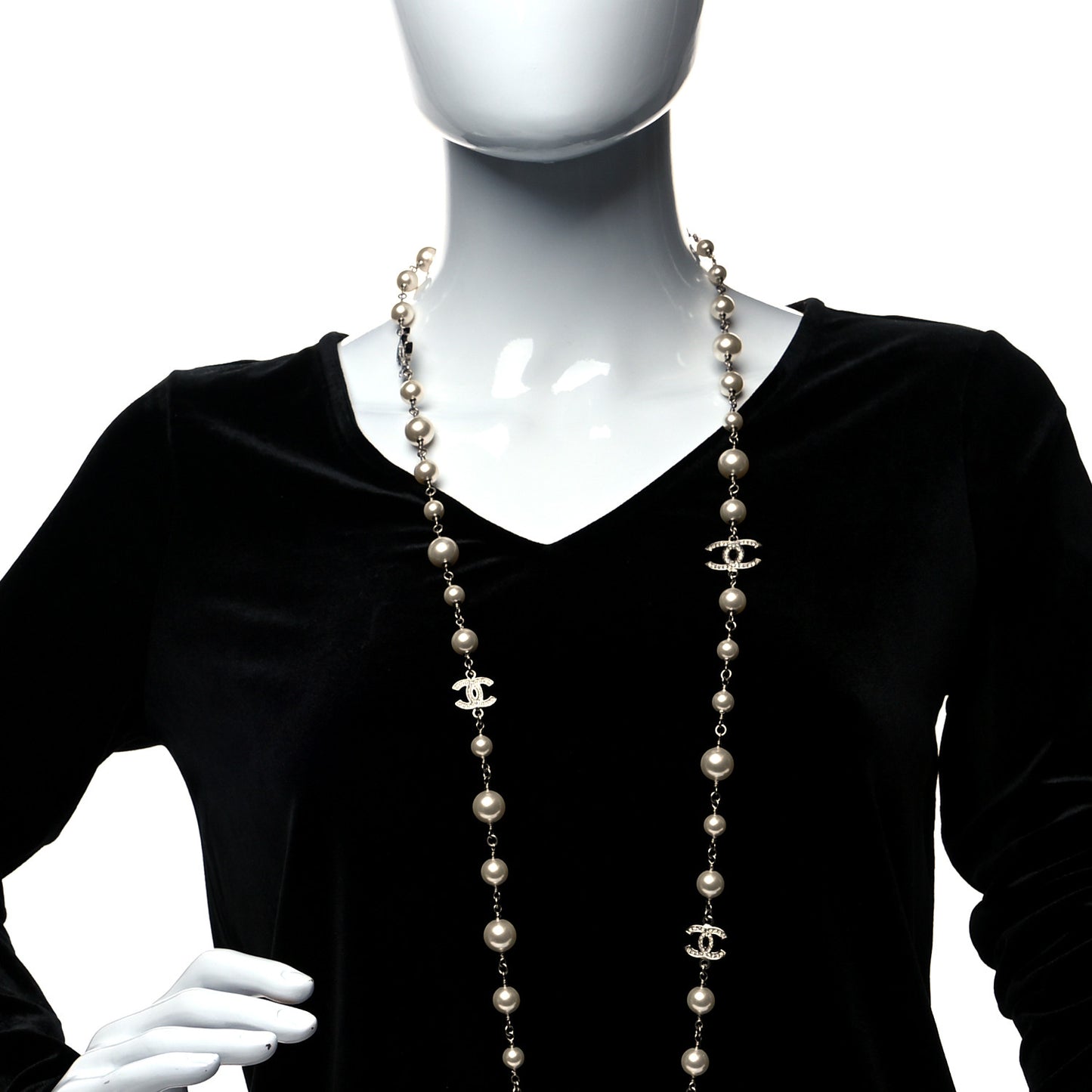 Graduated Pearl Crystal CC Long Necklace Silver