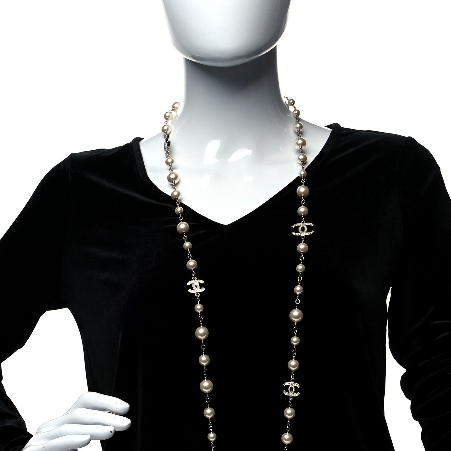 Chanel Graduated Pearl Crystal CC Long Necklace Silver 2 of 5