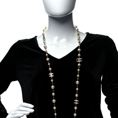 Chanel Graduated Pearl Crystal CC Long Necklace Silver 2 of 5