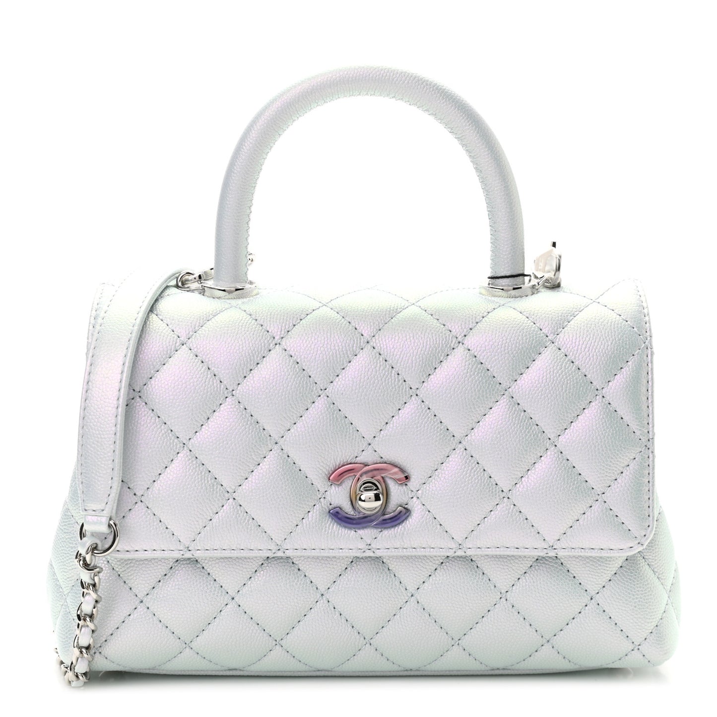 Iridescent Caviar Quilted Mini Coco Handle Flap Light Blue