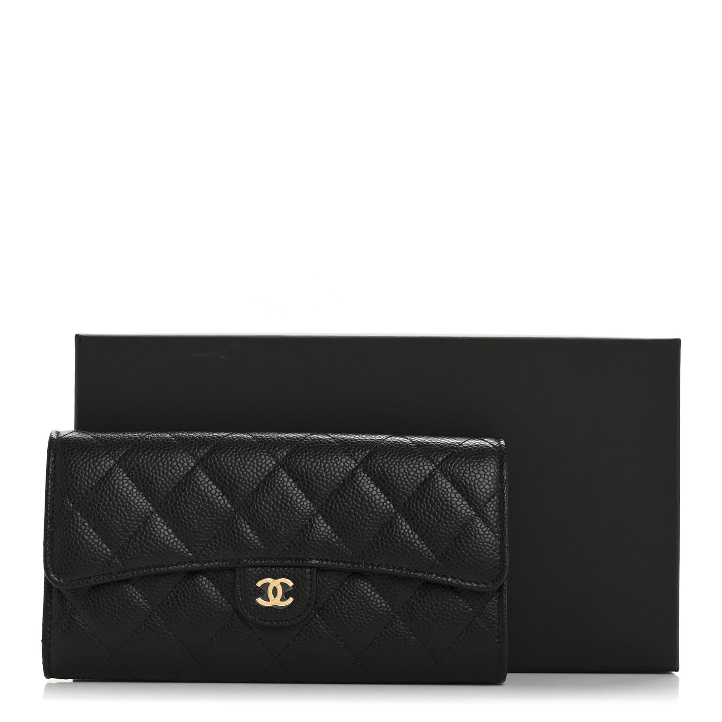 Caviar Quilted Large Gusset Flap Wallet Black