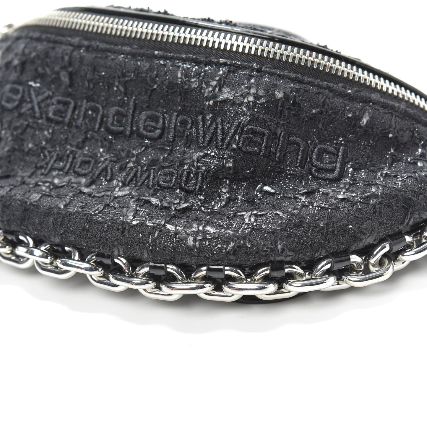 Patent Tweed Chain Embellished Attica Belt Bag Black
