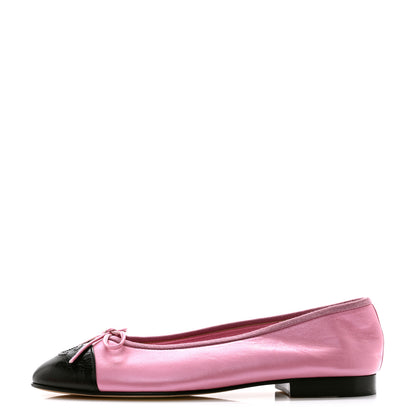 Chanel Laminated Crumpled Lambskin Cap Toe CC Ballerina Flats 39 Pink Black 1 of 8