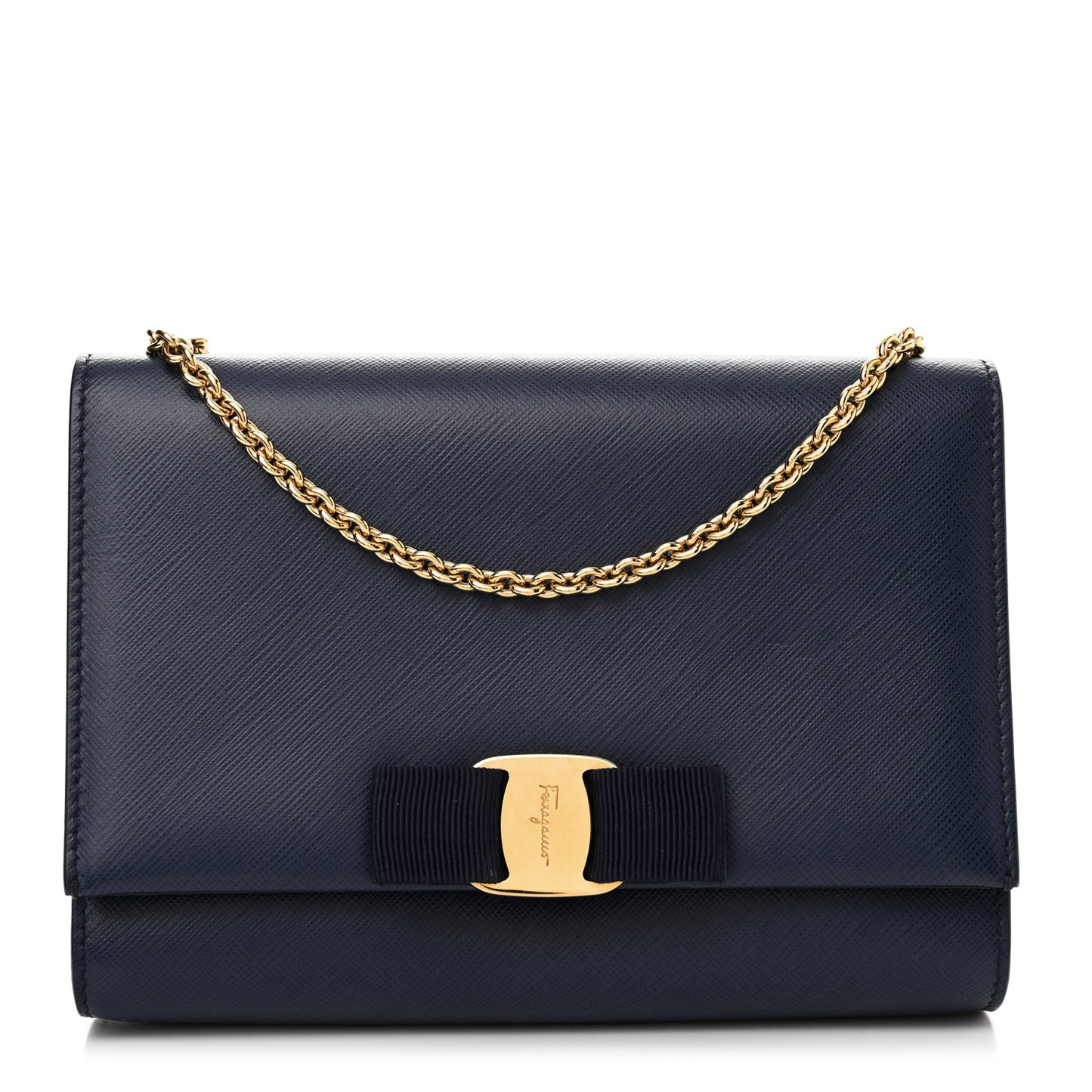 Printed Calfskin Vara Bow Chain Flap Crossbody Navy