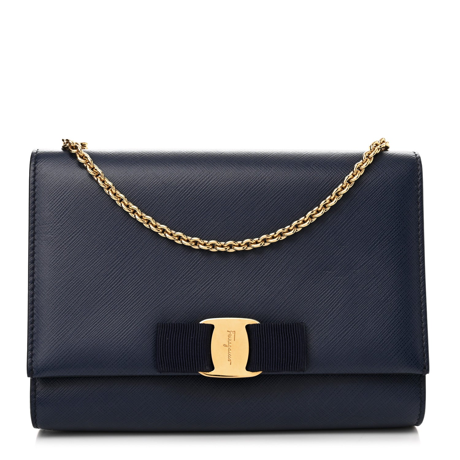 Salvatore Ferragamo Printed Calfskin Vara Bow Chain Flap Crossbody Navy 1 of 11