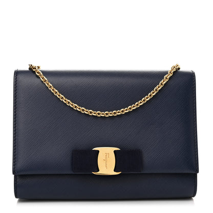 Salvatore Ferragamo Printed Calfskin Vara Bow Chain Flap Crossbody Navy 1 of 11