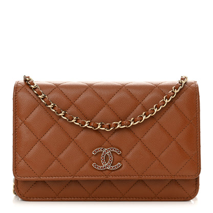 Chanel Shiny Caviar Quilted Strass Wallet On Chain WOC Light Brown 1 of 11