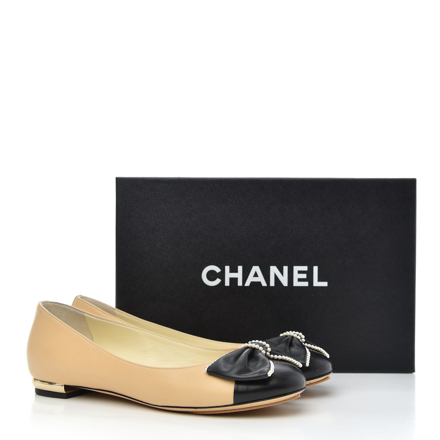 Chanel Lambskin Pearl Bow Ballerina Flats 37 Beige Black 16 of 16
