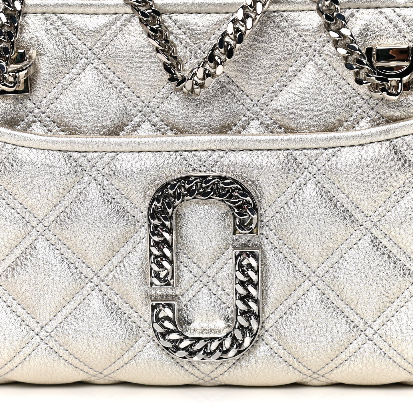Metallic Grained Calfskin Quilted Double Stitched The Status Shoulder Bag Platinum