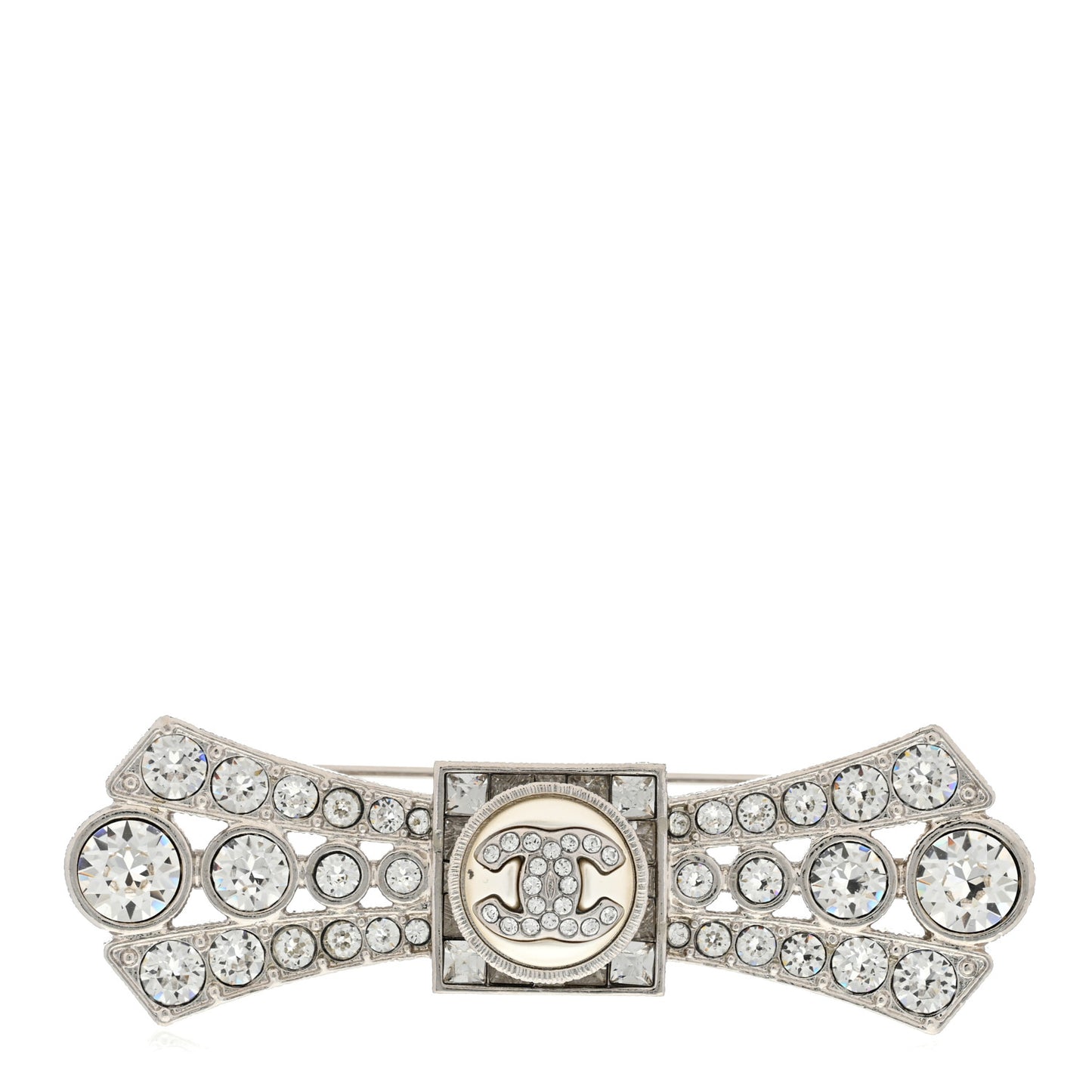 Metal Crystal CC Logo Bow Brooch Silver