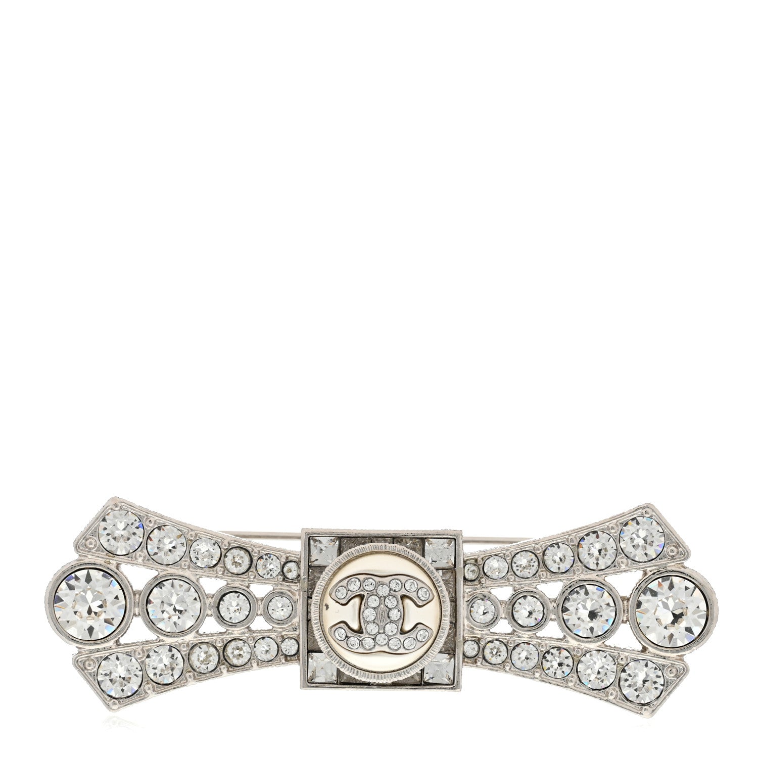 Chanel Metal Crystal CC Logo Bow Brooch Silver 1 of 5