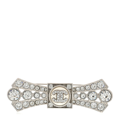 Chanel Metal Crystal CC Logo Bow Brooch Silver 1 of 5