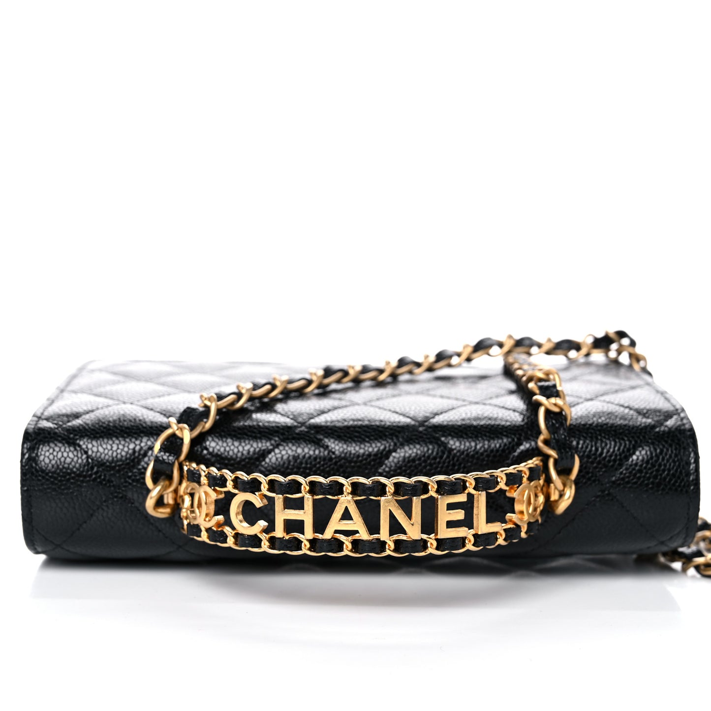 Shiny Caviar Quilted Pick Me Up Wallet On Chain WOC Black
