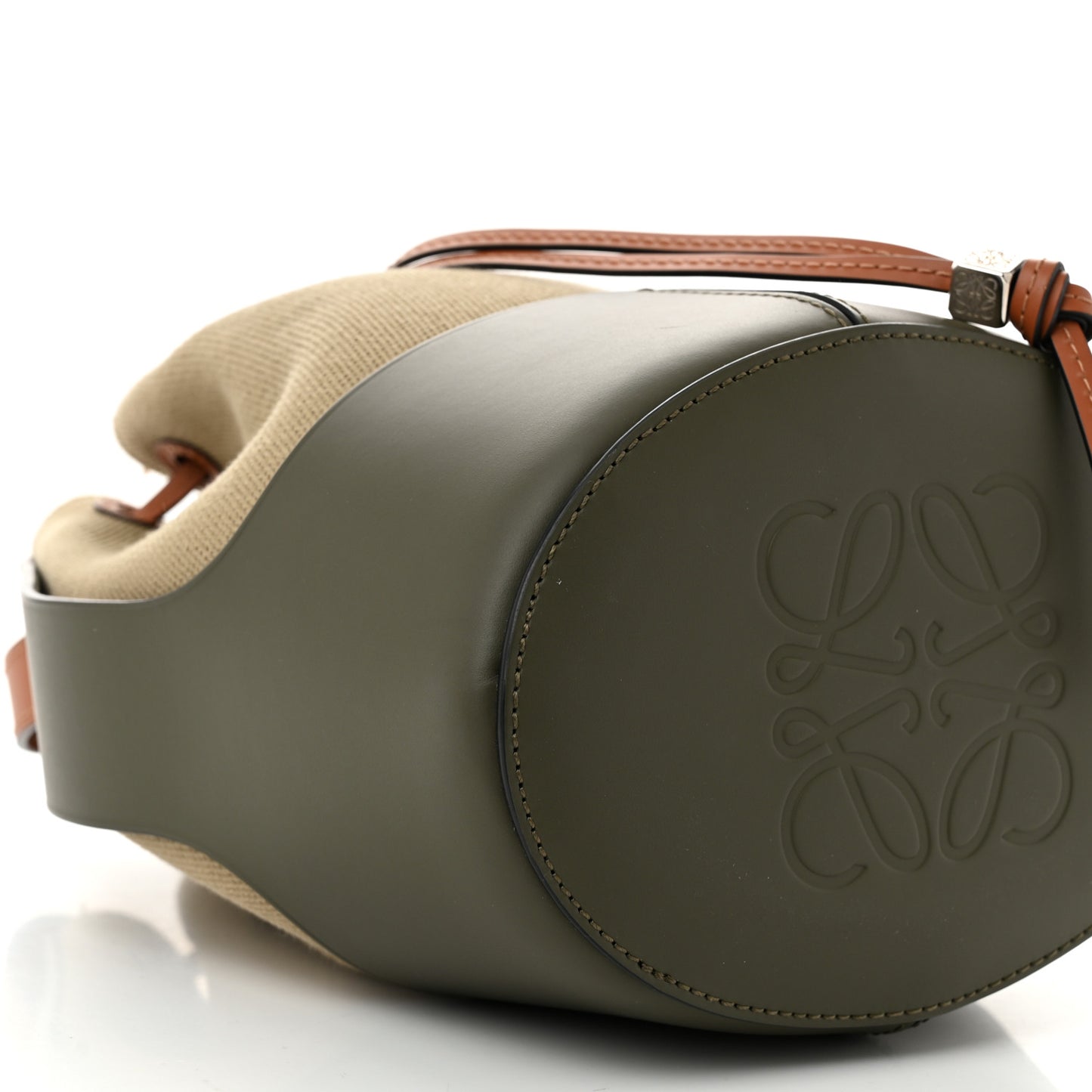 Canvas Calfskin Balloon Bucket Bag Khaki Tan
