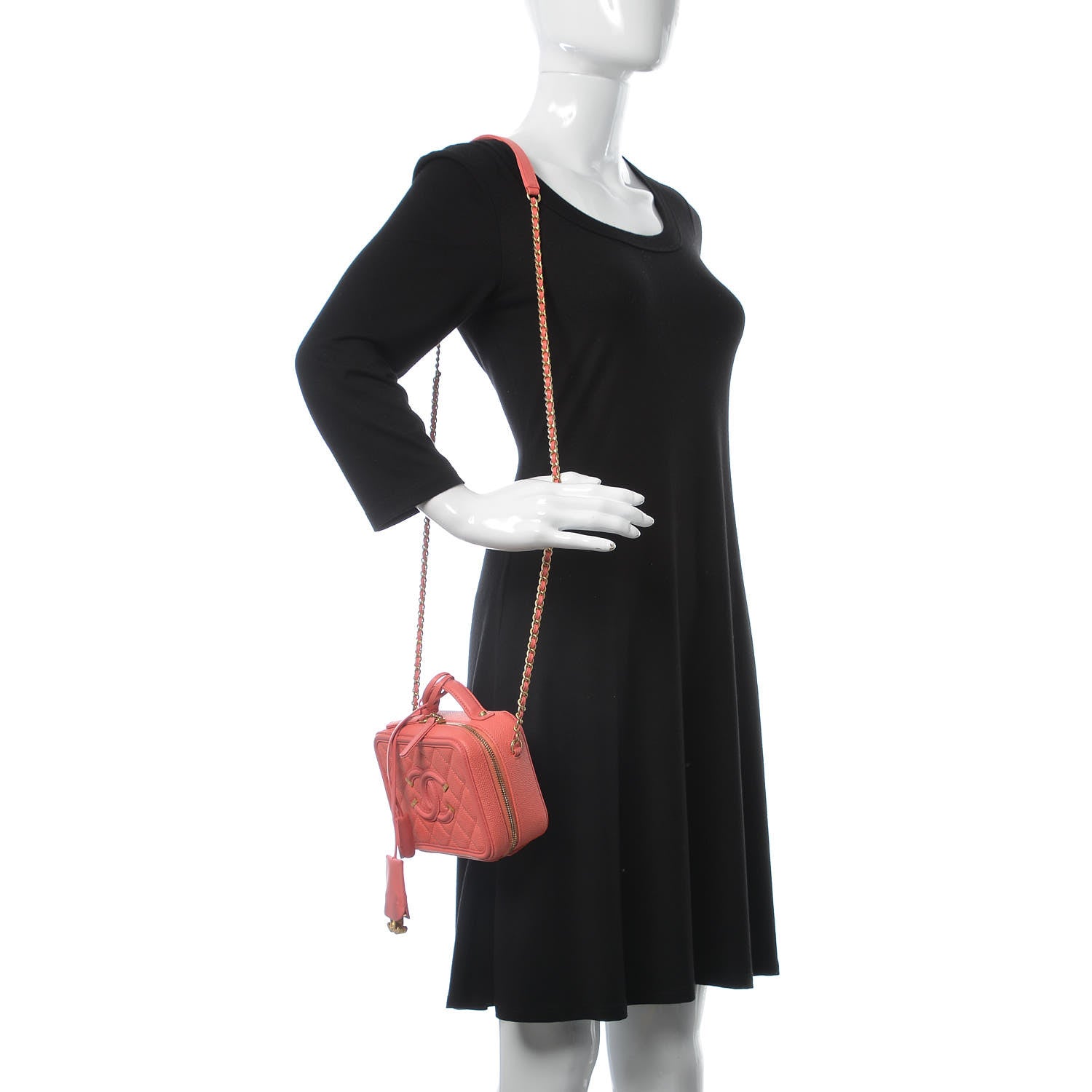 Chanel Caviar Quilted Small CC Filigree Vanity Case Coral 2 of 16