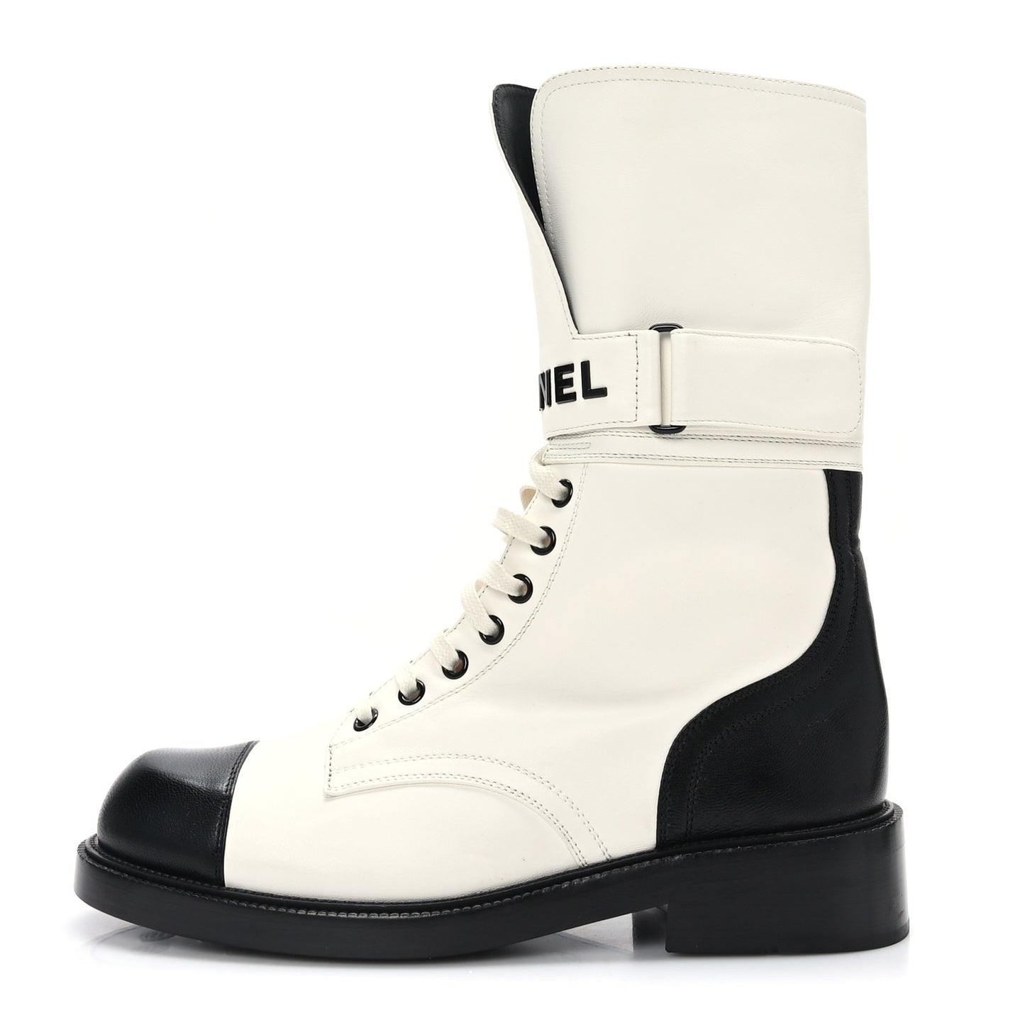 Calfskin Lace Up Logo Mid Calf Combat Boots 39.5 White Black