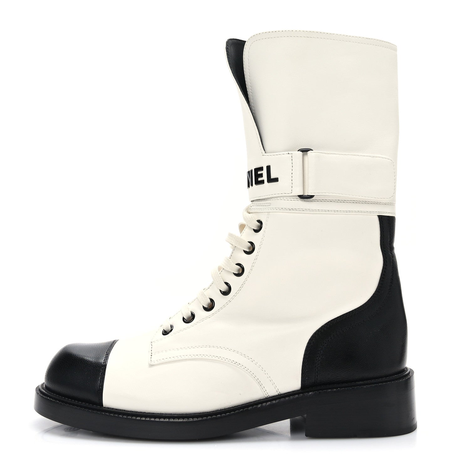 Chanel Calfskin Lace Up Logo Mid Calf Combat Boots 39.5 White Black 1 of 6