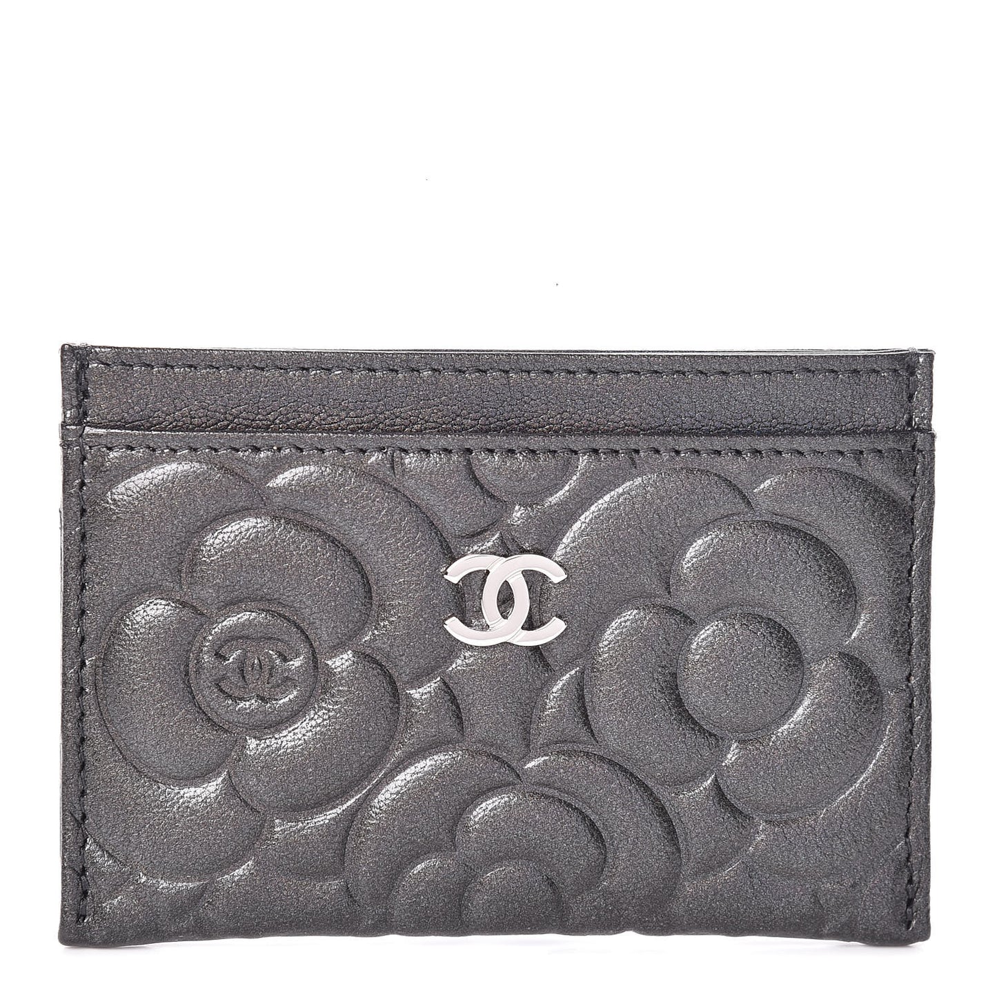 Goatskin Camellia Embossed Card Holder Anthracite
