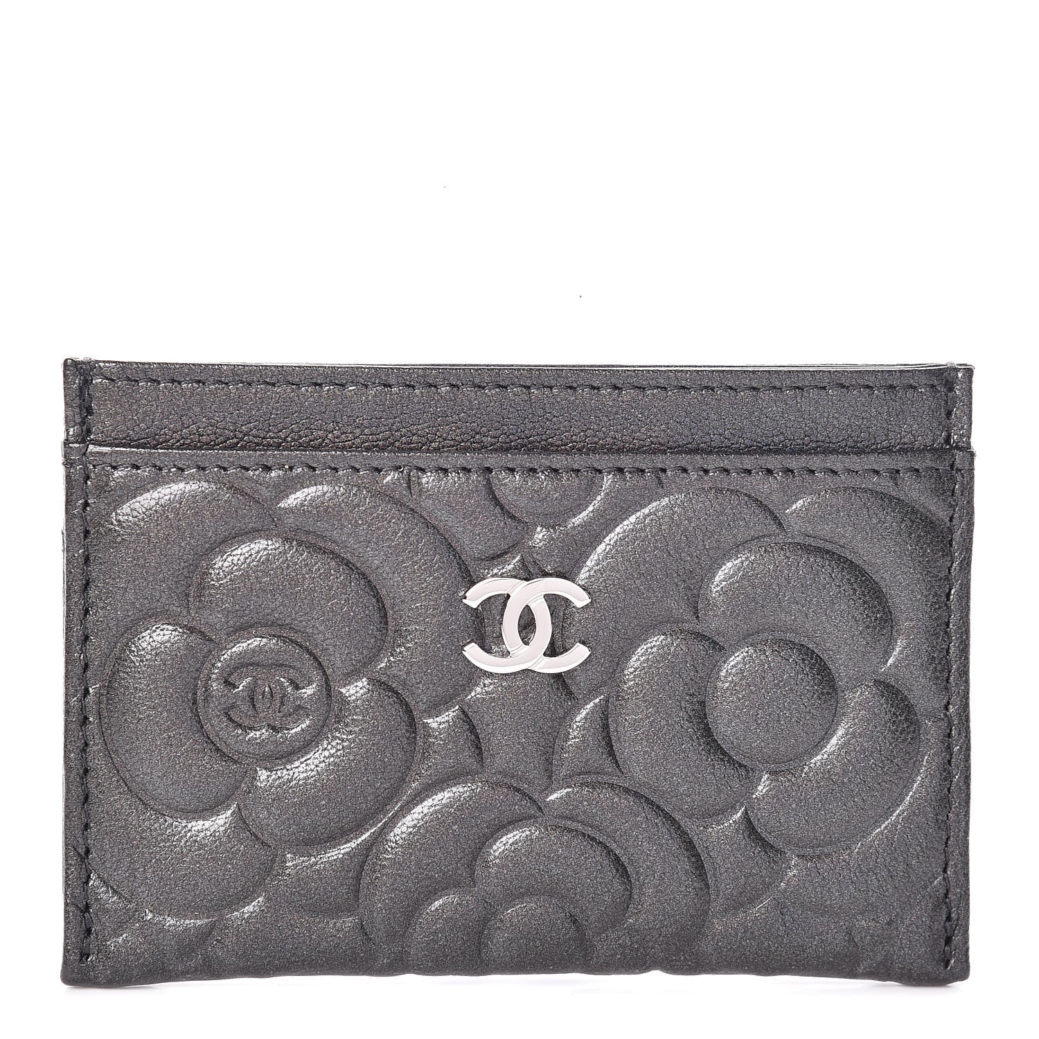 Chanel Goatskin Camellia Embossed Card Holder Anthracite 1 of 9
