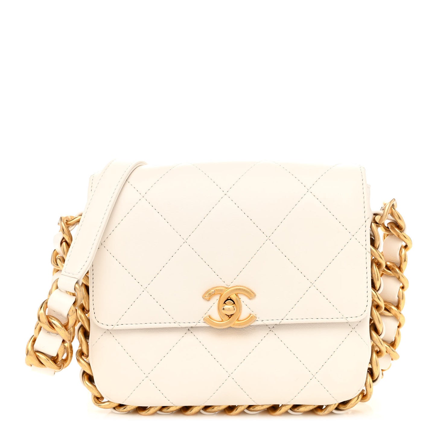 Calfskin Quilted Small Framing Chain Flap Bag White