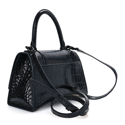 Balenciaga Shiny Calfskin Monochrome Crocodile Embossed Small Hourglass Top Handle Bag Black 3 of 14