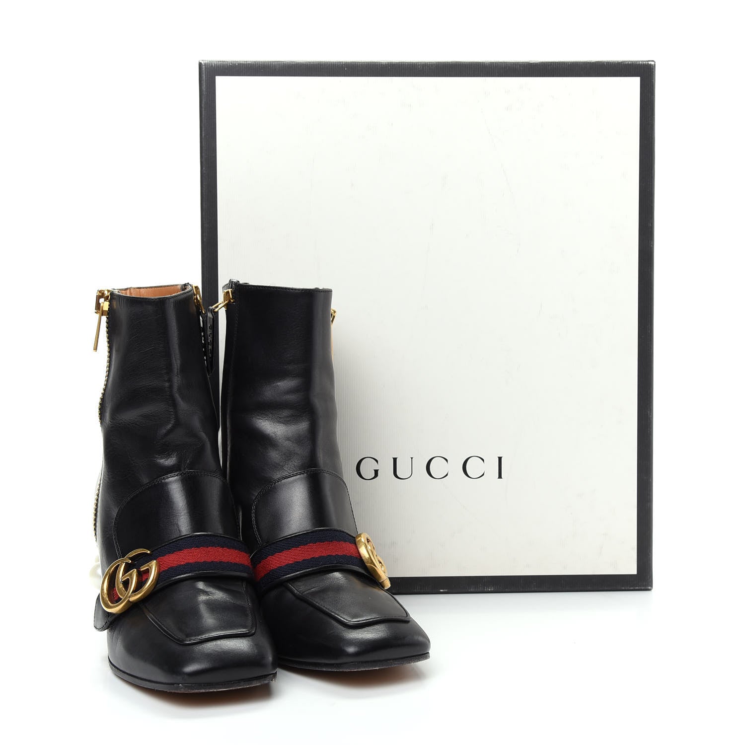 Gucci Betis Glamour Calfskin Web Pearl Embellished Peyton 75mm Ankle Boots 36 Black 11 of 11