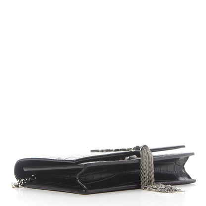 Saint Laurent Calfskin Crocodile Embossed Kate Monogram Tassel Chain Wallet Black 4 of 14