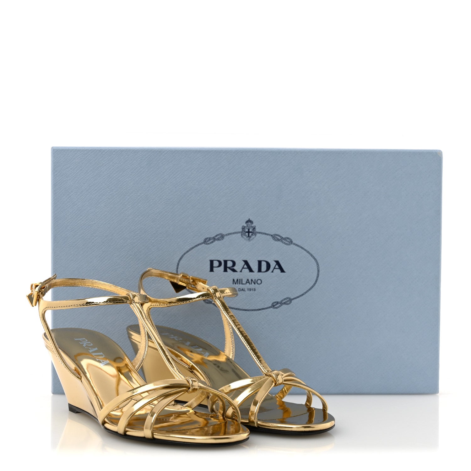 Prada Metallic Patent Strap Wedge Sandals 35 Platino 1926668