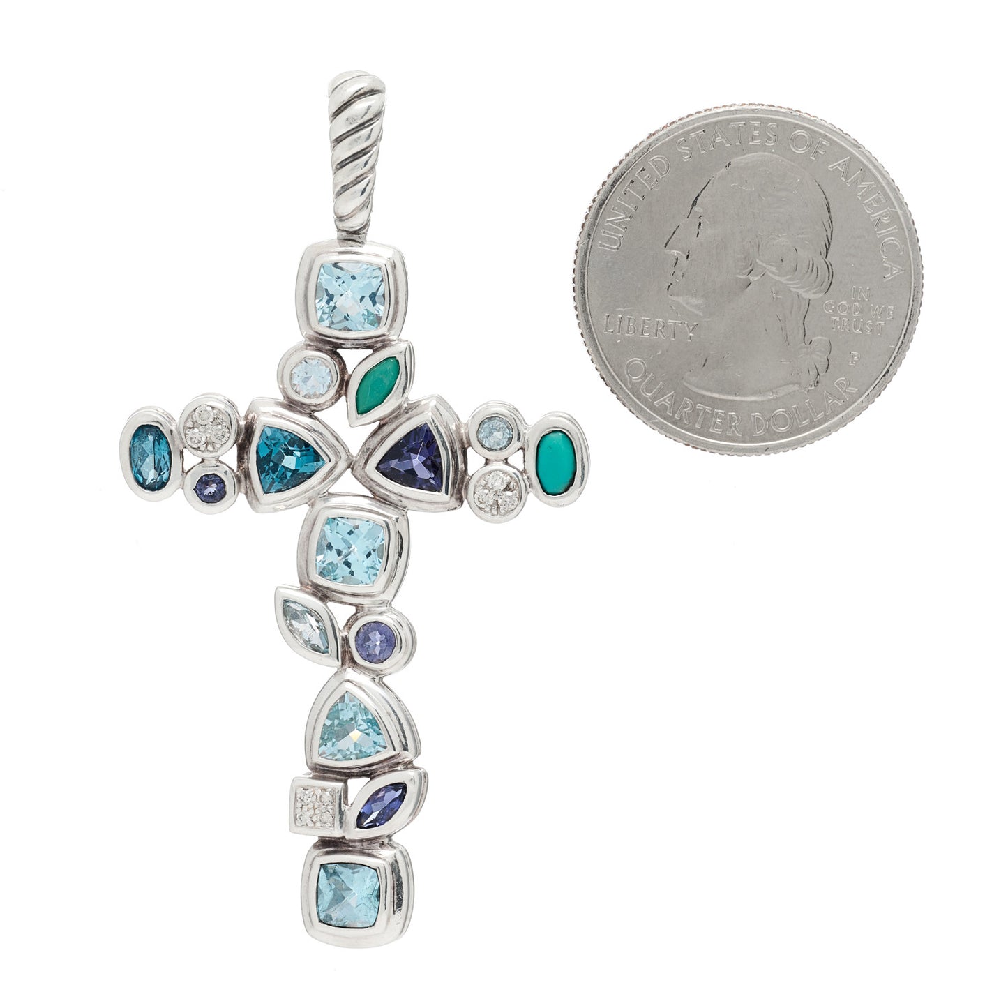 Sterling Silver Diamond Blue Topaz Turquoise Iolite Mosaic Cross Pendant