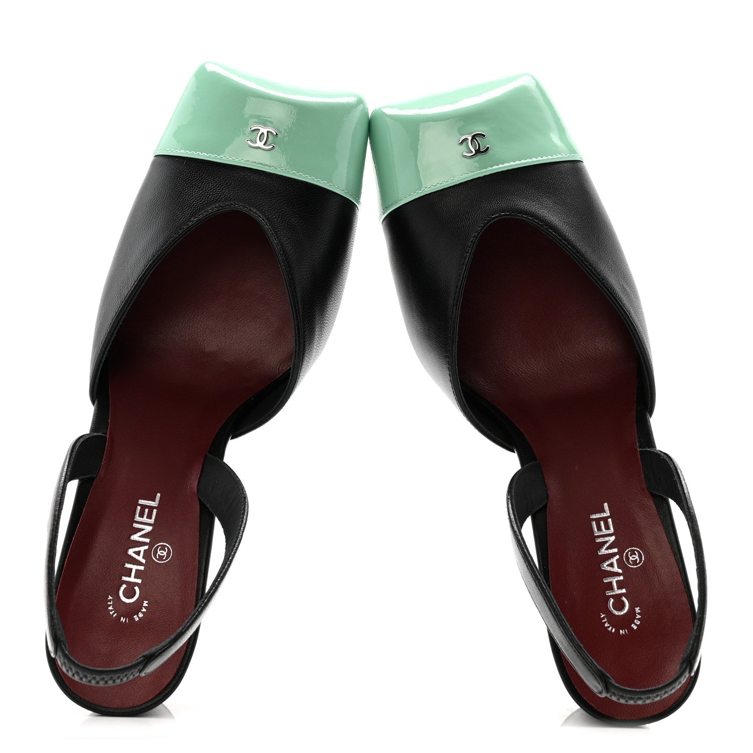 Chanel Lambskin Patent Calfskin Cap Toe CC Slingback Pumps 37 Black Green 2 of 10