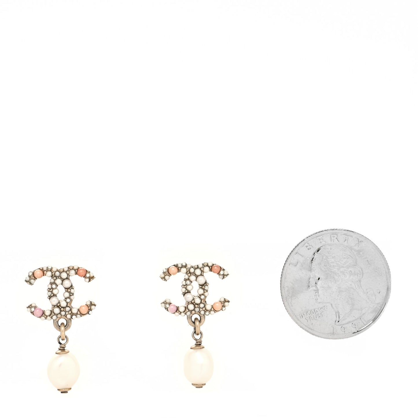 Pearl Crystal CC Charm Drop Earrings Light Gold Pink