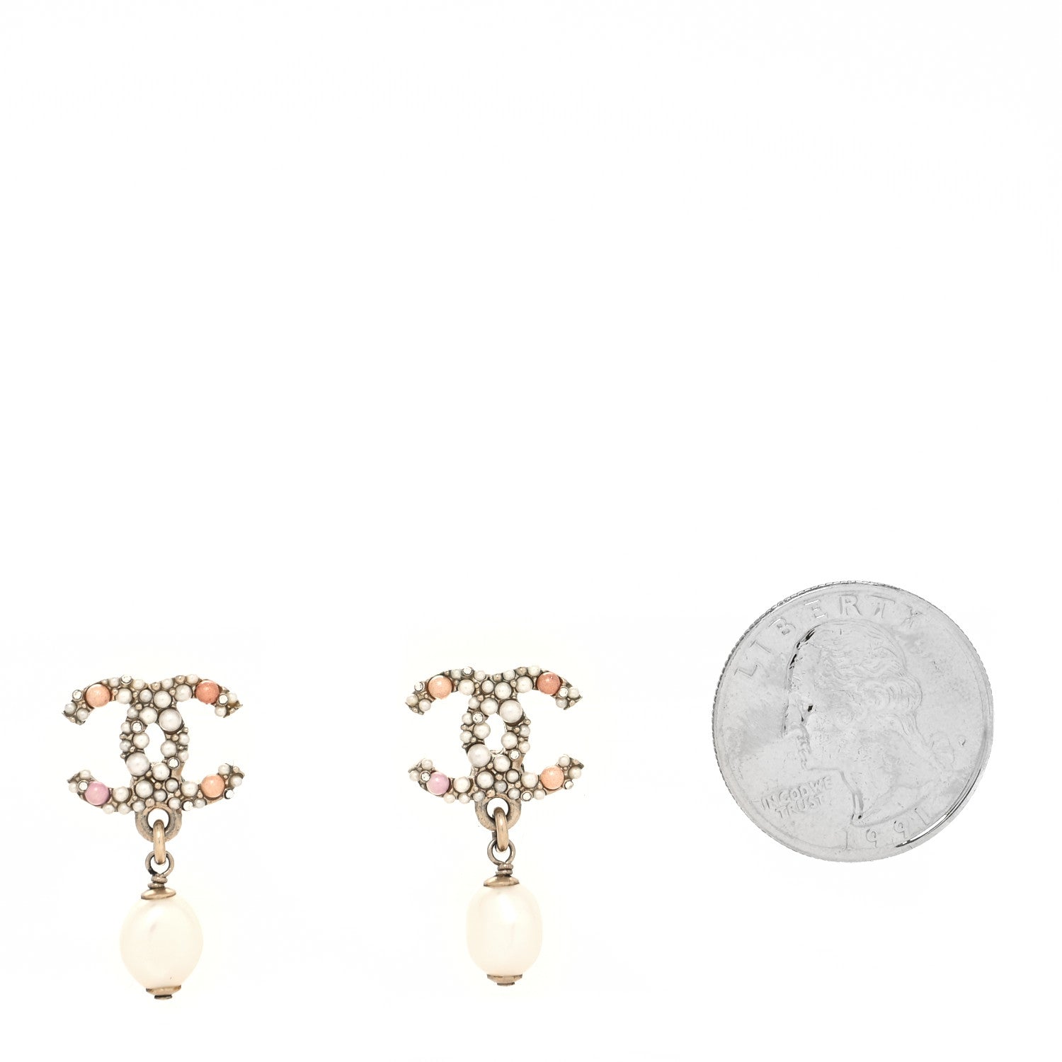 Chanel Pearl Crystal CC Charm Drop Earrings Light Gold Pink 2 of 4