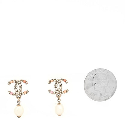 Chanel Pearl Crystal CC Charm Drop Earrings Light Gold Pink 2 of 4