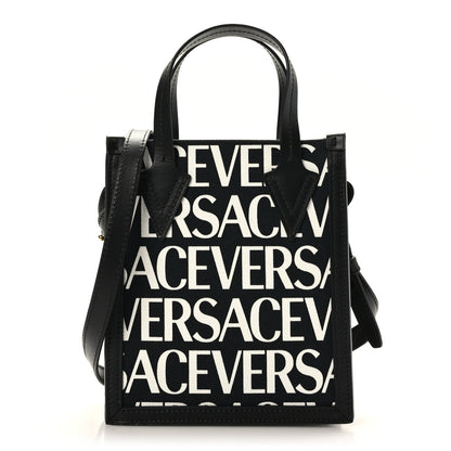 Versace Canvas Jacquard Mini Allover Logo Tote Black White 1 of 8