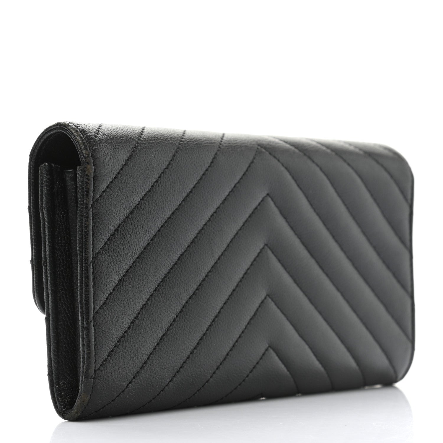 Chanel Caviar Chevron Quilted Large Gusset Flap Wallet Black 3 of 9