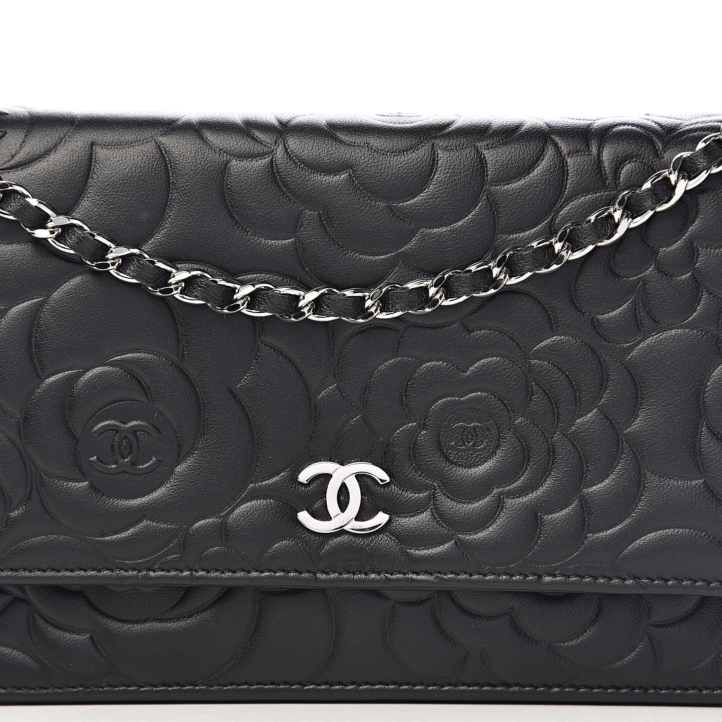 Lambskin Camellia Embossed Wallet on Chain WOC Black