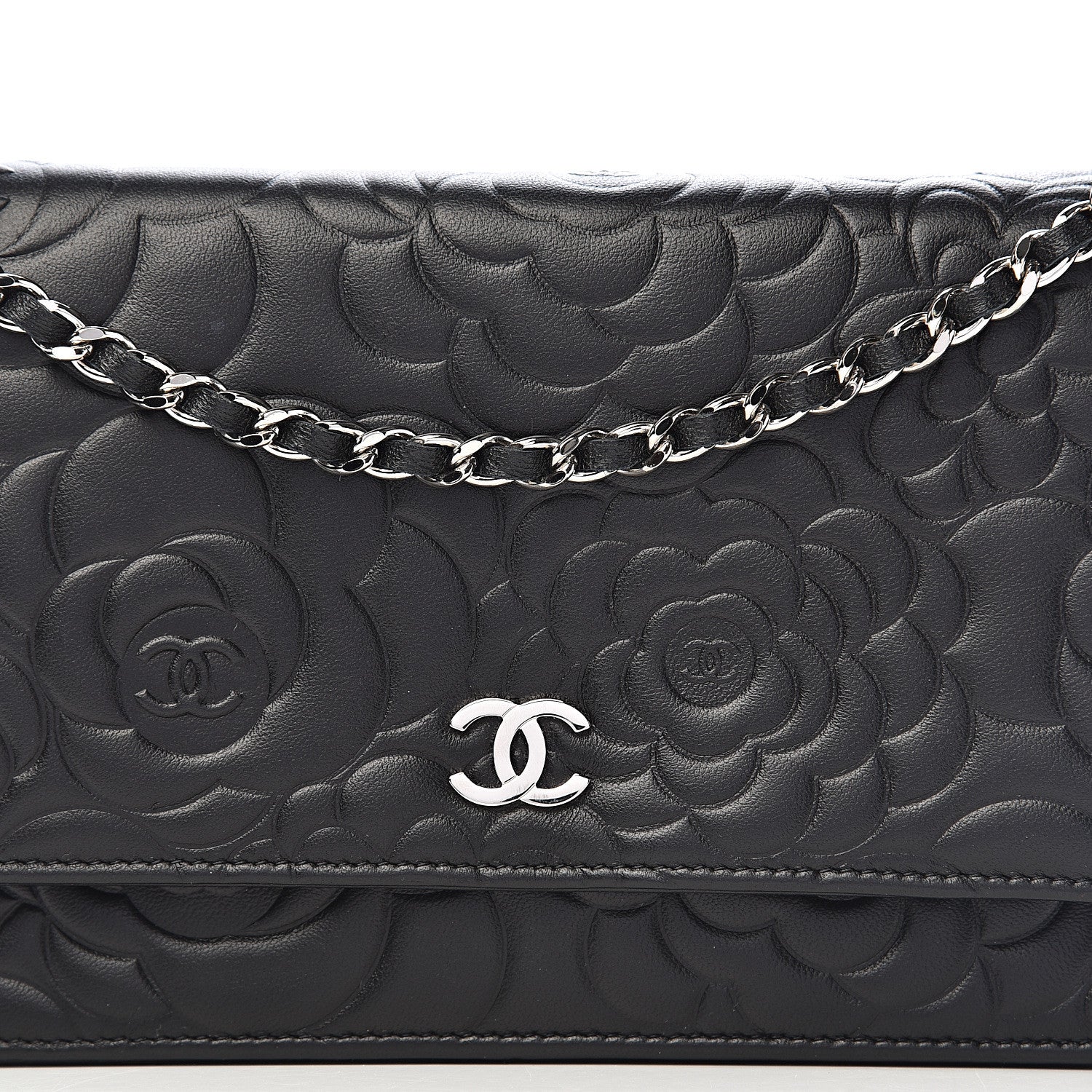 Chanel Lambskin Camellia Embossed Wallet on Chain WOC Black 10 of 11