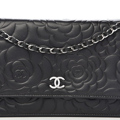 Chanel Lambskin Camellia Embossed Wallet on Chain WOC Black 10 of 11