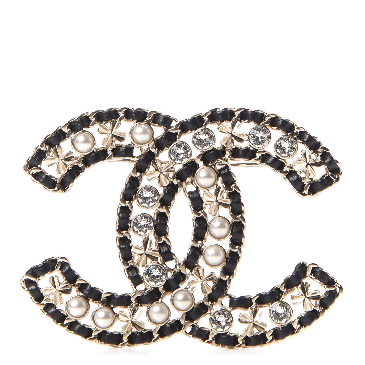 Metal Lambskin Crystal Sergeant Brooch Black Gold