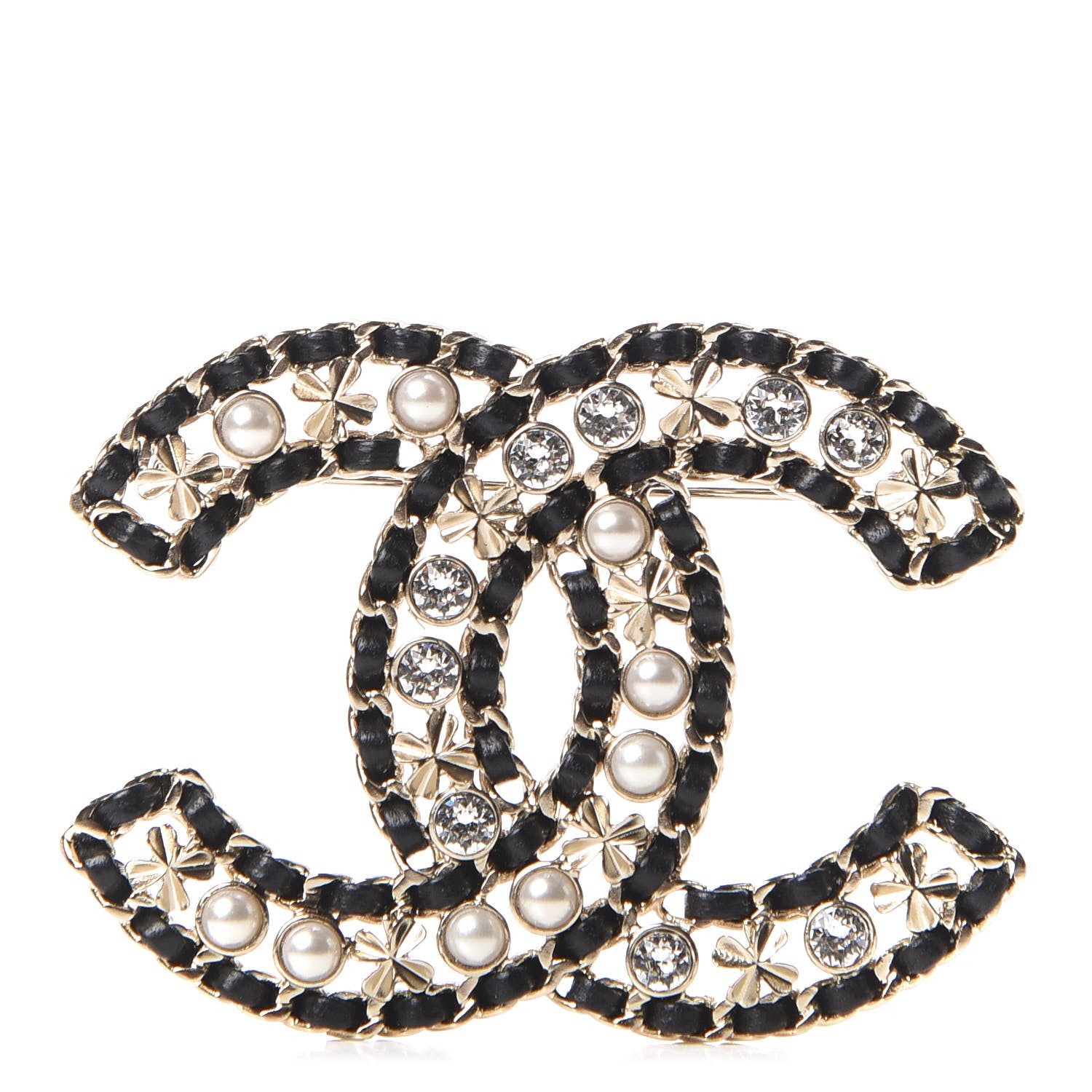 Chanel Metal Lambskin Crystal Sergeant Brooch Black Gold 1 of 5